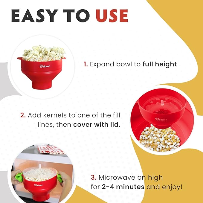 The Original Salbree Collapsible Silicone Microwave Popcorn Popper Maker Machine, Microwavable Bowl Holds 16 Cups, Uses Hot Air and Oil Always Optional - The Most Colors Available (Clear Red)