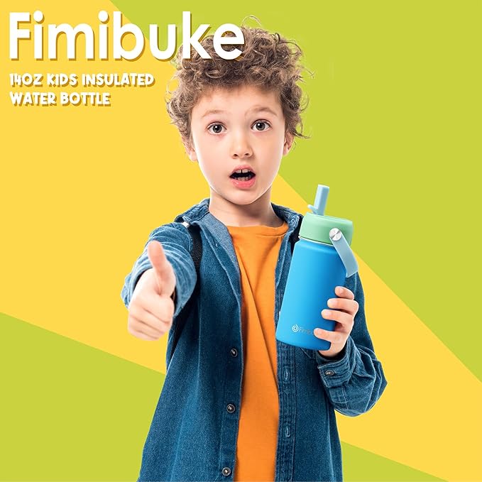 Fimibuke Kids Insulated Water Bottle, 14oz BPA FREE 18/8 Stainless Steel Travel Tumbler Double Wall Vacuum Leak Proof Kids Cup with Straw Metal Water Bottle for School Boys Girls(1 Pack, Slate)