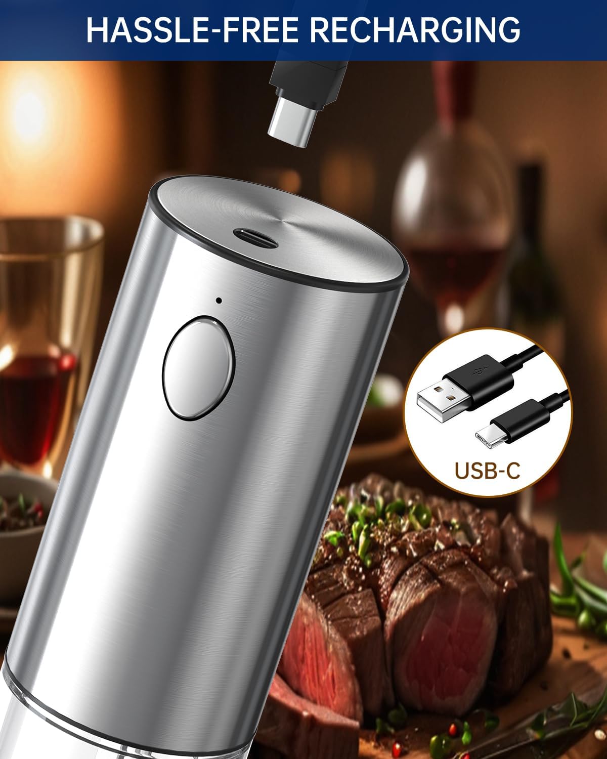 CIRCLE JOY Stainless Steel Electric Pepper Grinder, Rechargeable Pepper Mills with LED Light, 6-Level External Adjustable Coarseness for Easy Use