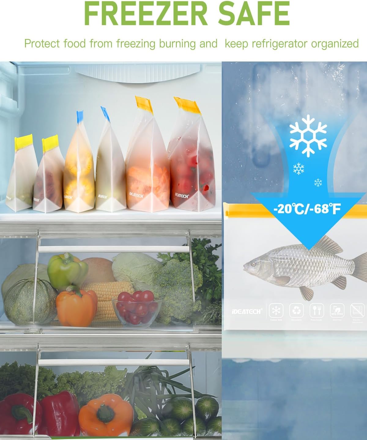 IDEATECH Food Storage Bags, BPA Free PEVA Reusable Gallon Freezer Bags, Reusable Sandwich Containers, Heallthy Food Bags Containers for Travel, Lunch(Grey, 24Pack-8Gallon+8Quart+8Snack)