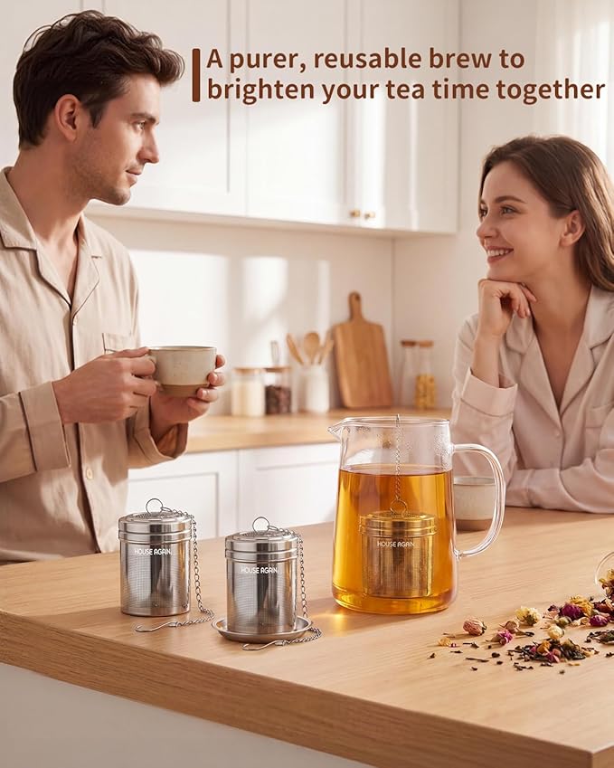 House Again 2 Pack Tea Infuser, Extra Fine Mesh Tea Infusers for Loose Tea, 18/8 Stainless Steel Tea Strainer with Extended Chain Hook, Tea Steeper for Brew Tea, Spices & Seasonings