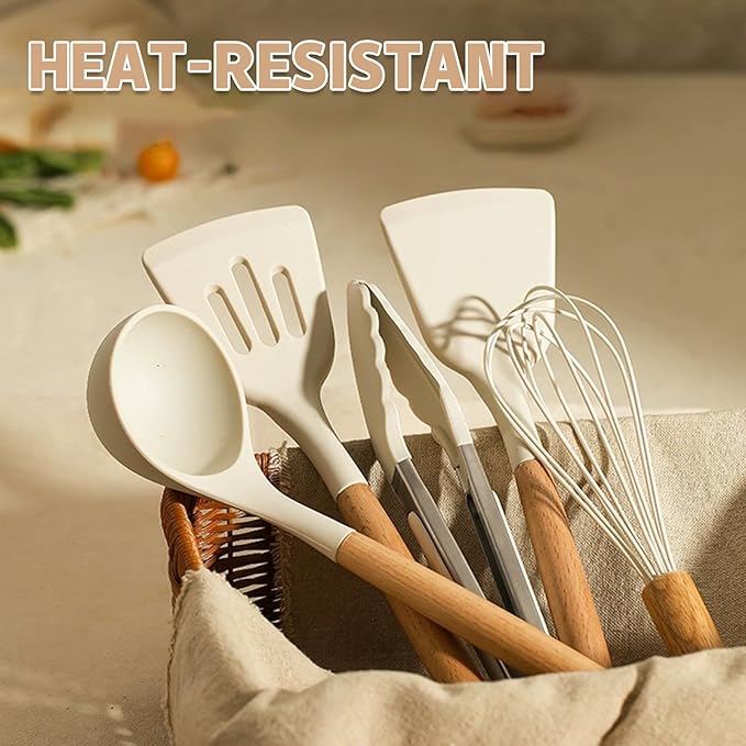 Umite Chef Kitchen Cooking Utensils Set, 33 pcs Non-stick Silicone Cooking Kitchen Utensils Spatula Set with Holder, Wooden Handle Silicone Kitchen Gadgets Utensil Set (Cream White)