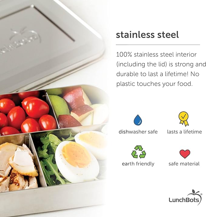 LunchBots Large Cinco Stainless Steel Lunch Container - Five Section Design Holds a Variety of Foods - Metal Bento Box - Dishwasher Safe - Stainless Lid - Blue Dots