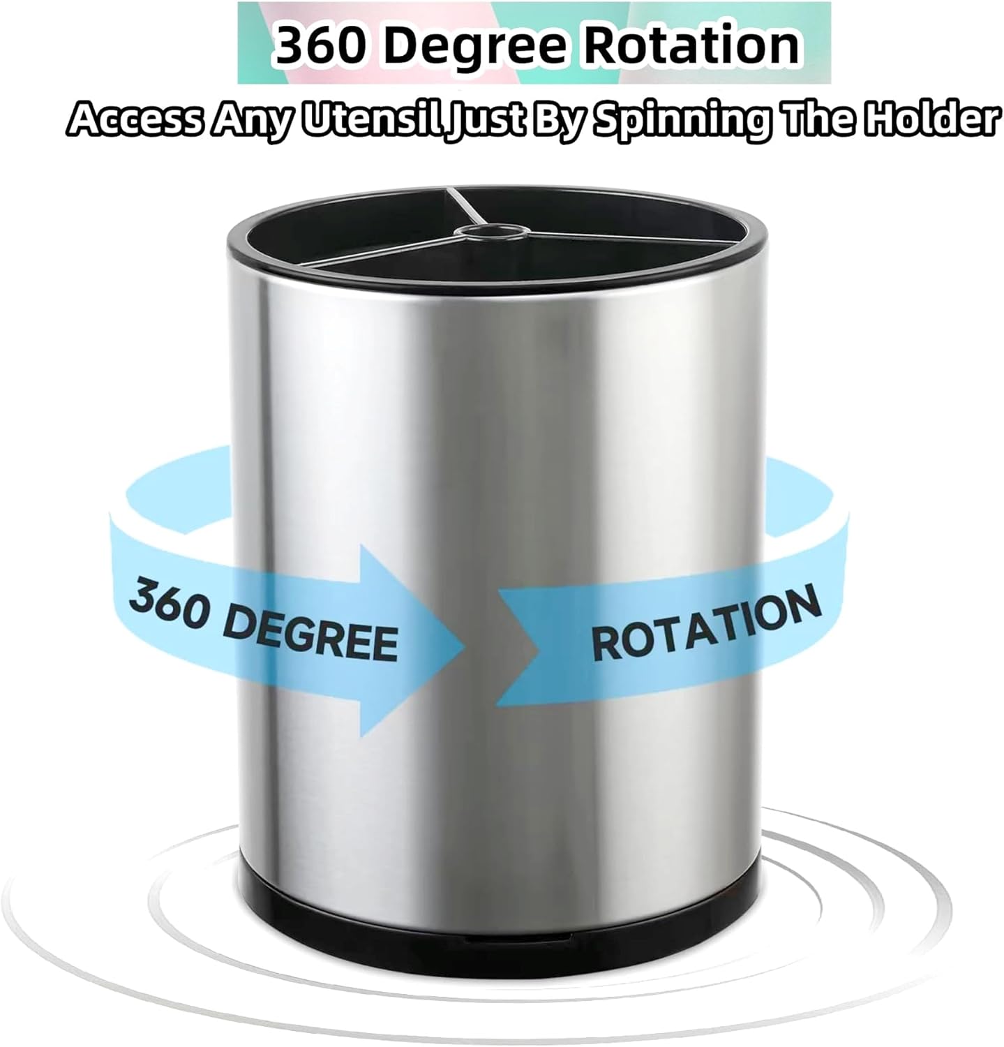 Kitchen Utensil Holder Extra Large 360°Rotating For Counter Organizer Stainless Steel Storage Cooking Silverware Caddy 3 Compartment Flatware Spoon Spatula Tool Cutlery Container（Silvery）