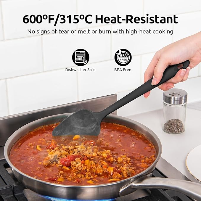 U-Taste 600ºF Heat Resistant Silicone Spatulas: Flexible Food-Grade Silicon Baking Scraper, Kitchen Cooking Mixing Utensils with Upgraded Sturdy Handle Tip for Nonstick Cookware (4-Pc., Black)