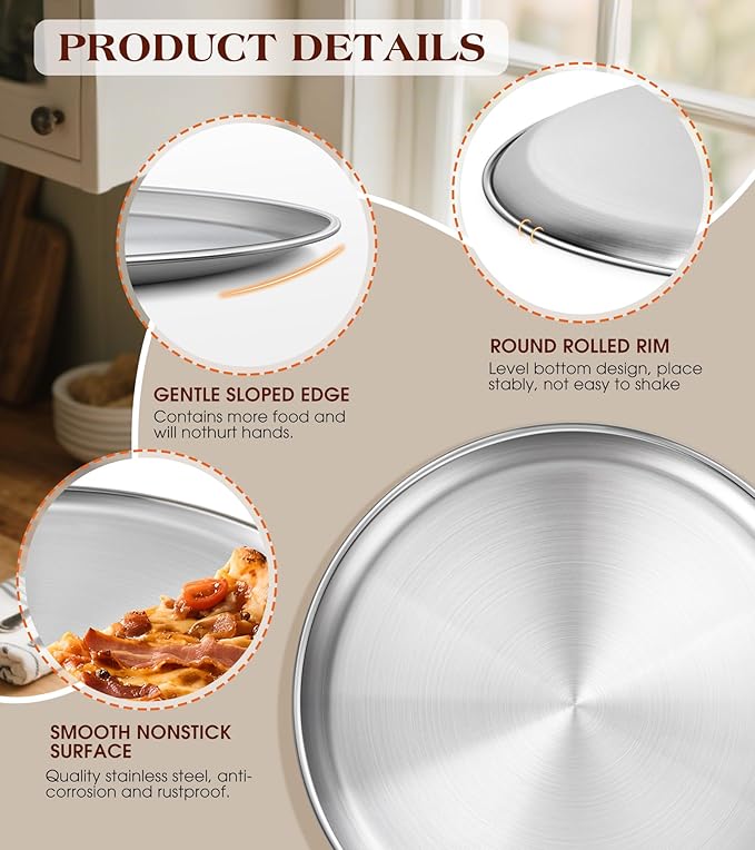 12 Inch Stainless Steel Pizza Pan Set of 2, Pizza Pan for Oven, Steel Pizza Tray for Baking Cookie Pie Cake, Round Stainless Steel Pizza Plate Pizza Baking Sheet, Easy Clean & Dishwasher Safe