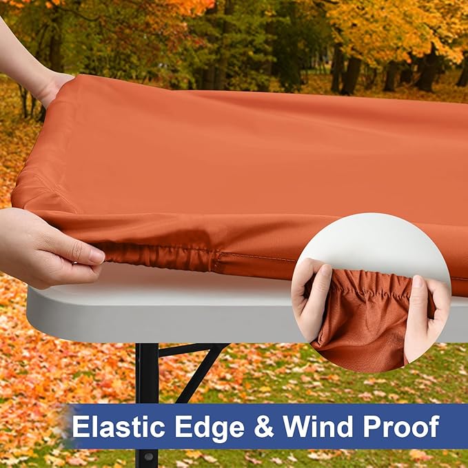 homing Rectangle Table Cloth Cover, Waterproof Polyester Elastic Fitted Tablecloth, Fits for 4 Foot Folding Tables, Washable Table Protector for Fall, Thanksgiving, Harvest Party (Rust, 30" x 48")