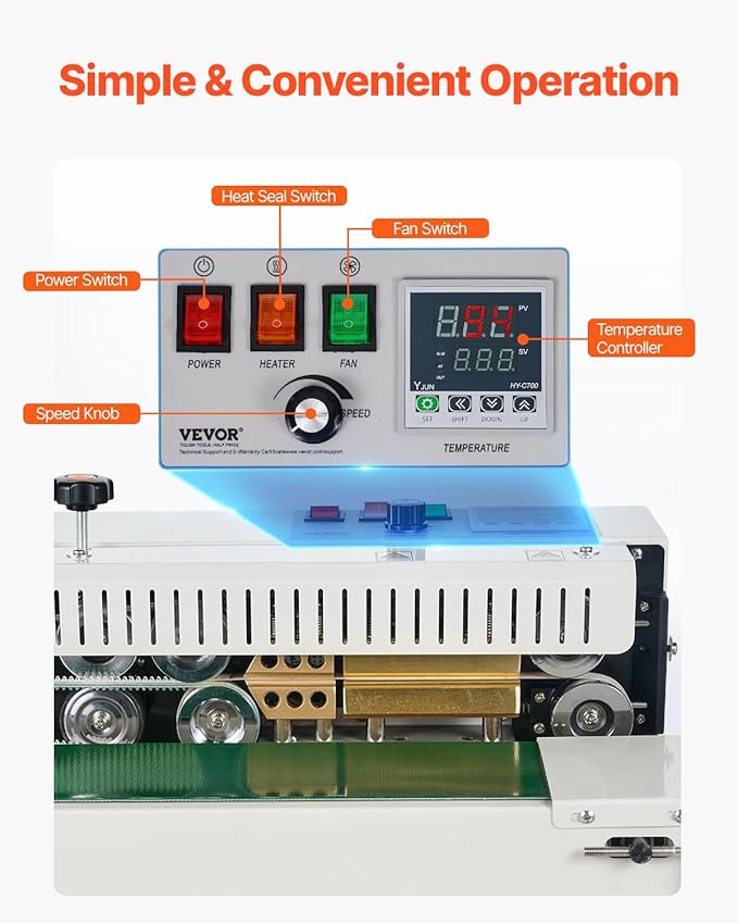 VEVOR Continuous Bag Band Sealing Machine, 0.24-0.47 in/6-12 mm Seal Width, Horizontal Band Sealer Machine with Digital Temperature Control, Bag Sealer for 0.02-0.8 mm Plastic Bags, Inflation Function