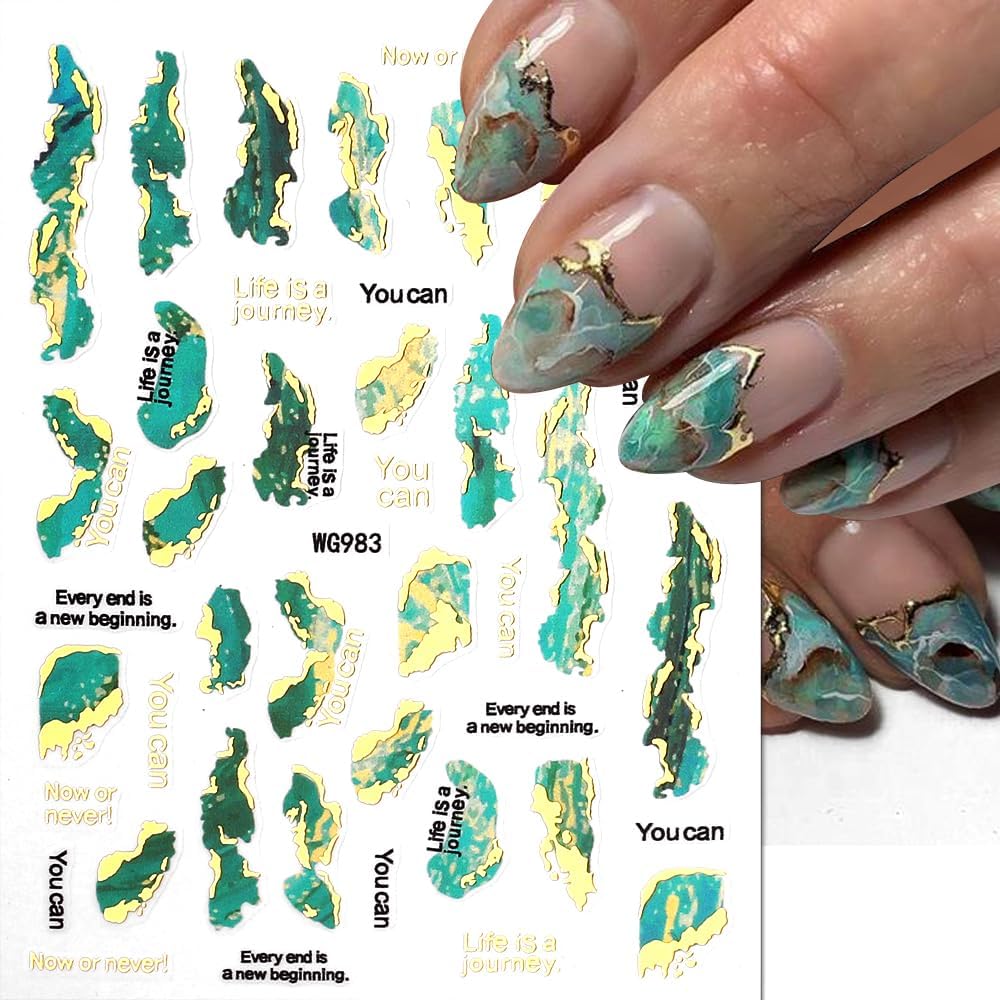 3D Marble Nail Stickers - 6 Color Marble Decals, Blooming Nail Art, Bronzing & Watercolor Smudge Resistant, Self-Adhesive Gold Foil Designs