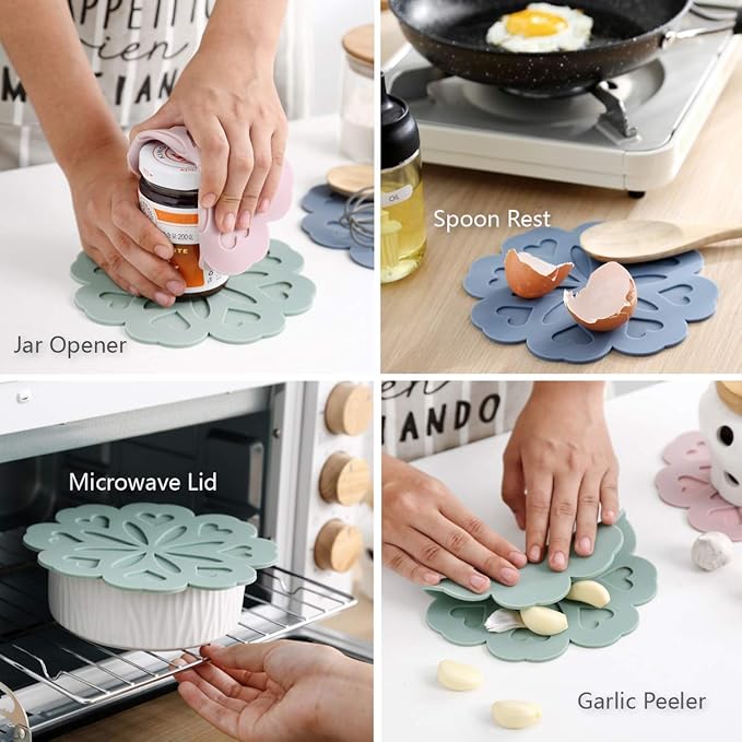 Set of 4 Silicone Trivet Mat - Hot Pot Holder Hot Pads for Table & Countertop - Trivet for Hot Dishes - Non-Slip & Heat Resistant Modern Kitchen Hot Pads for Pots & Pans, Grey