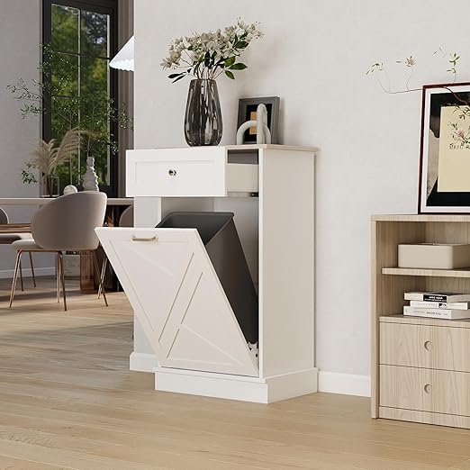 Tilt Out Trash Cabinet-Free Standing Kitchen Waste Bin-Wooden Recycling Trash Cabinet with Drawer-White