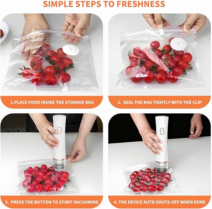 Vacuum Storage Bags Set, 5 Reusable BPA-Free Medium Food Vacuum Sealer Bags (8.26"x8.66"), Triple-Seal Leak-Resistant Design, Includes 1 Sealing Clip