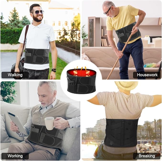 Cordless Heating Pad Back Massager Brace for Lower Back Pain Relief, Heated Back Brace Vibration Wrap with Rechargeable Battery, Heating Lumbar Support Belt with Massage for Cramps (M)