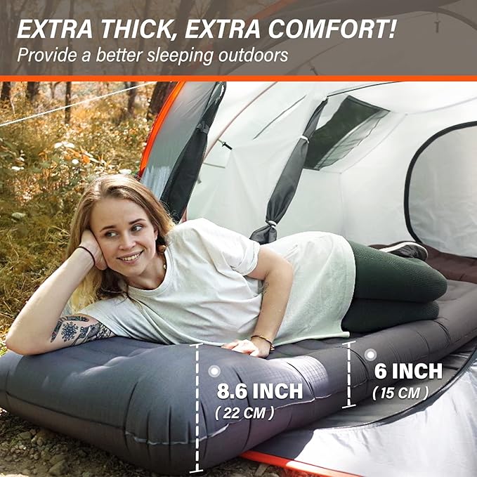 TOBTOS Inflatable Camping Sleeping Pad with Pillow, Thick 6 Inch Ultralight Sleeping Pad with Built-in Pump, Lightweight Sleeping Mat for Camping, Backpacking, Hiking, Tent (Grey)