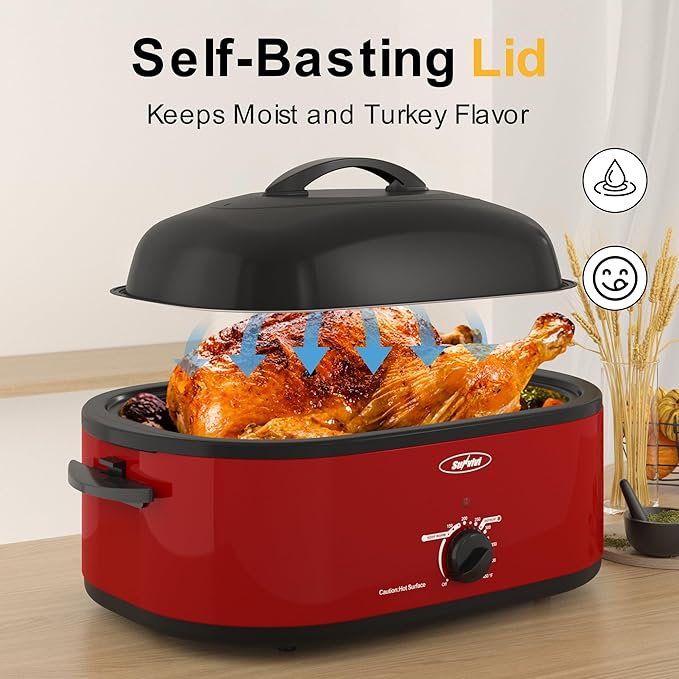 Sunvivi Roaster Oven with Self-Basting Lid,20 Quart Electric Roaster with Removable Pan & Rack,150-450°F Full-Range Temperature Control with Defrost/Warm Function,Stainless Steel,Red
