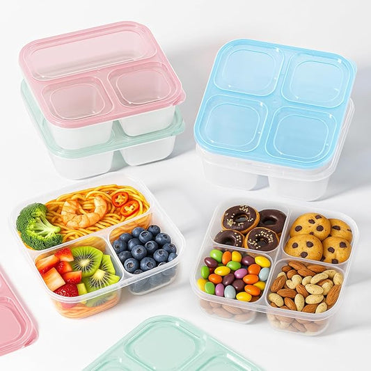 6 Pcs Snack Box Container Set, Reusable 3&4 Compartment Meal Prep Snack Containers for Adults Kids Toddler, BPA-Free Divided Lunchable Container for School, Work and Travel (All Transparent)