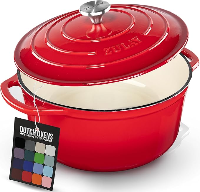Zulay Kitchen 7.7 Quart Enameled Cast Iron Dutch Oven Pot with Lid – Premium Durability & Oven Safe up to 500°F – Heavy Duty Cookware Perfect for Bread Baking, Stews, Braising & Roasting – Ablaze Red