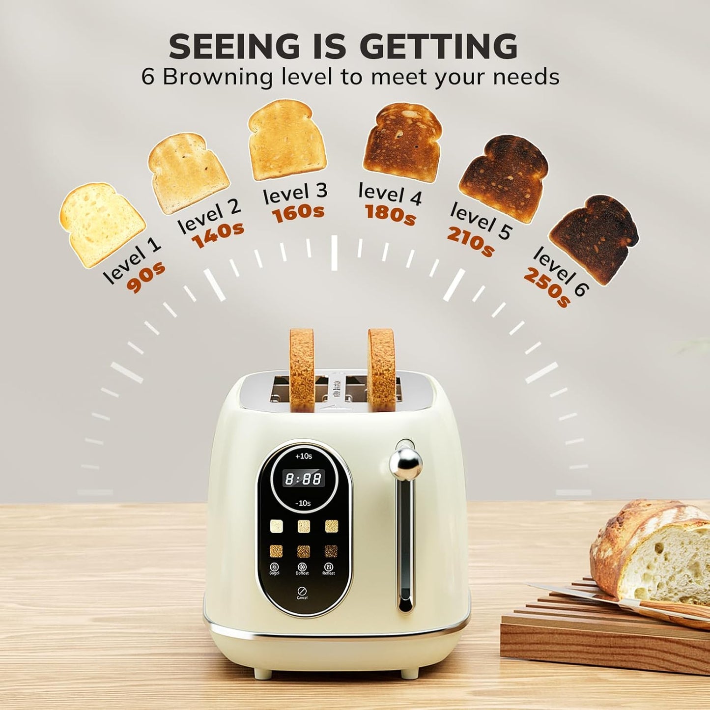 Keenstone Smart Touch Screen Toaster 2 Slice, Retro Wide Slot Stainless Steel Toaster with 6 Browning Levels, Reheat & Defrost, for Bagel, Toast, Bread, Removable Crumb Tray, Beige