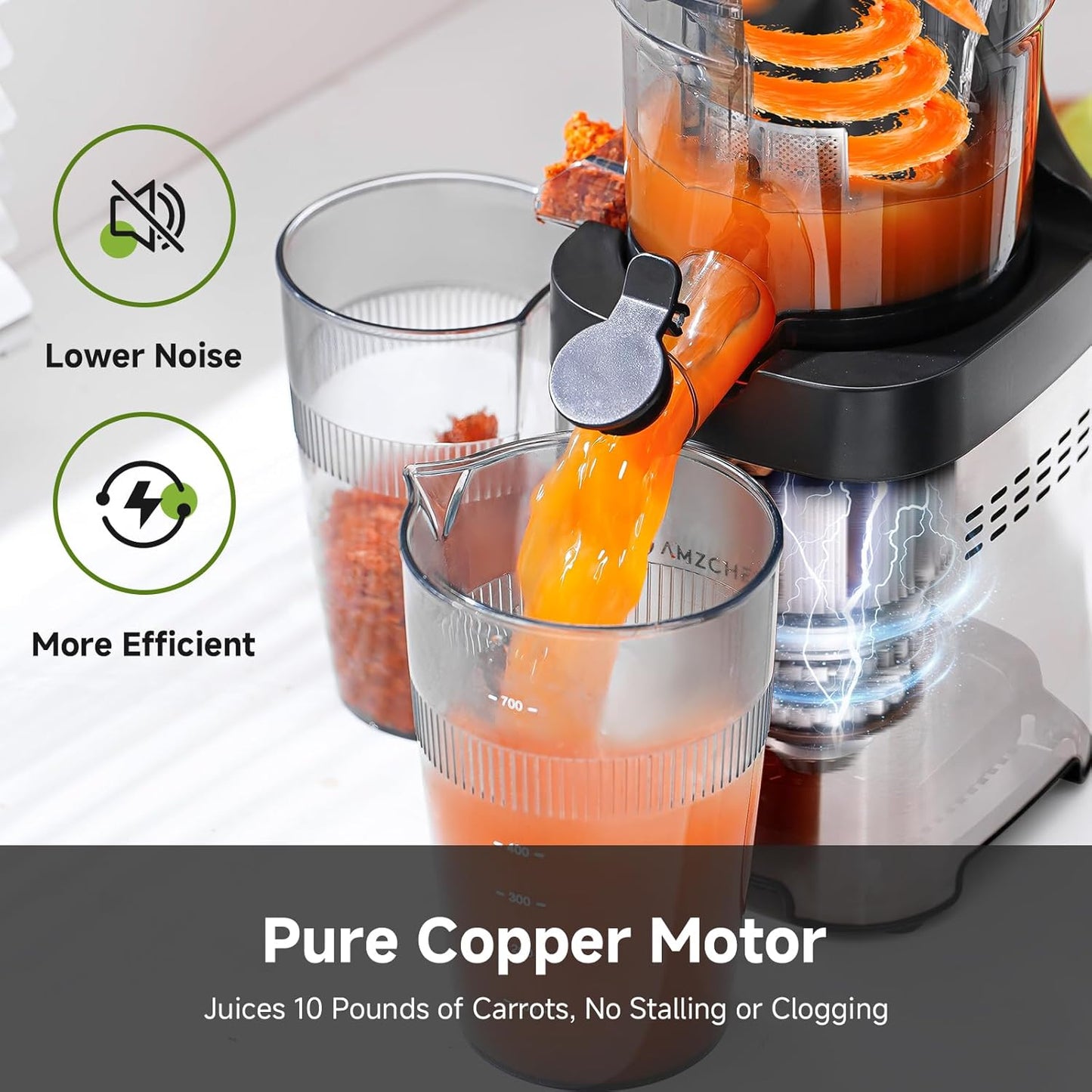 AMZCHEF Cold Press Juicer, Juicer Machines - 4.6" Large Feed Chute for Whole Fruits & Vegetables, Stainless Steel Slow Masticating Juicer Easy to Clean, Large Auger, Double Strainers, Silver