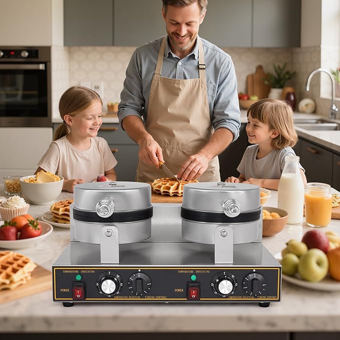 Dyna-Living Waffle Maker 2400W Double Waffle Iron Maker Restaurant Non-stick Round Waffle Machine Commercial Waffle Maker Large Waffle Machine for Hotel, Thicken Stainless Steel