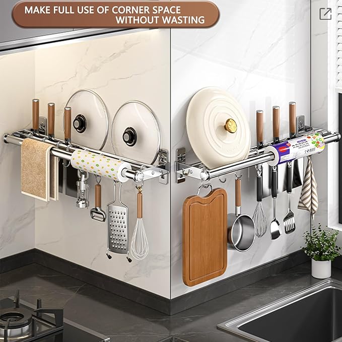 Hanging Wall Mount knife Wall Mount, Kitchen Organizer Storage Shelf for Utensils Spatula Spoon, Space-Saving Knife Rack with Hooks,Wall-Mounted Utensil Holder (Silver, 40CM+Single Pole+6Hooks)