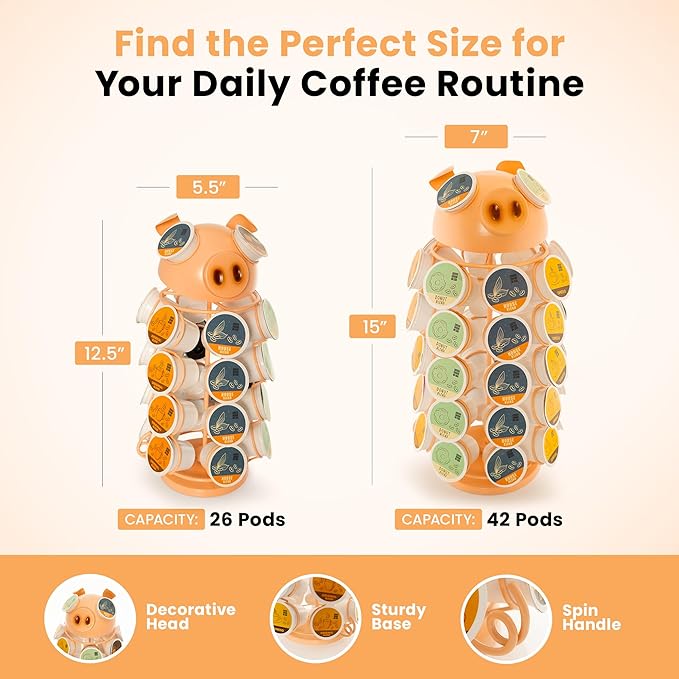 Made Easy Kit Carousel Coffee Pod Holder, Compatible with Keurig K-Pods K-Cups, Countertop Rack Storage Organizer, Metal Home and Kitchen Decor, Capsule Café Station Bar (Small, Pink Pig)
