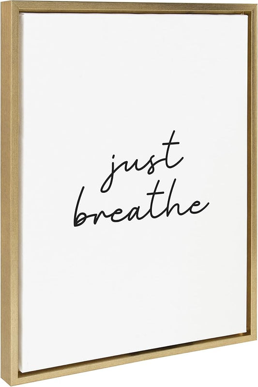 Kate and Laurel Sylvie Just Breathe Black and White Framed Canvas Wall Art by The Creative Bunch Studio, 18x24 Gold, Simple Motivational Art, Self Care Wall Décor
