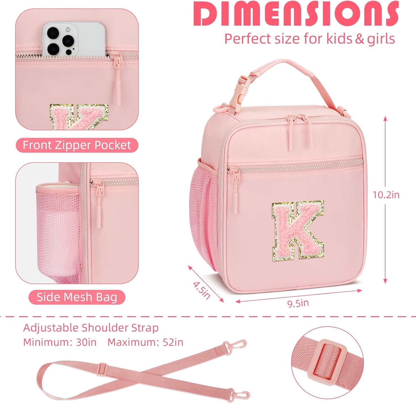 Initial Insulated Lunch Bag for Girls Kids, Back to School Gift, Reusable Leak-proof Lunch Box with Adjustable Strap for School Daycare Travel Picnic (Pink,K)