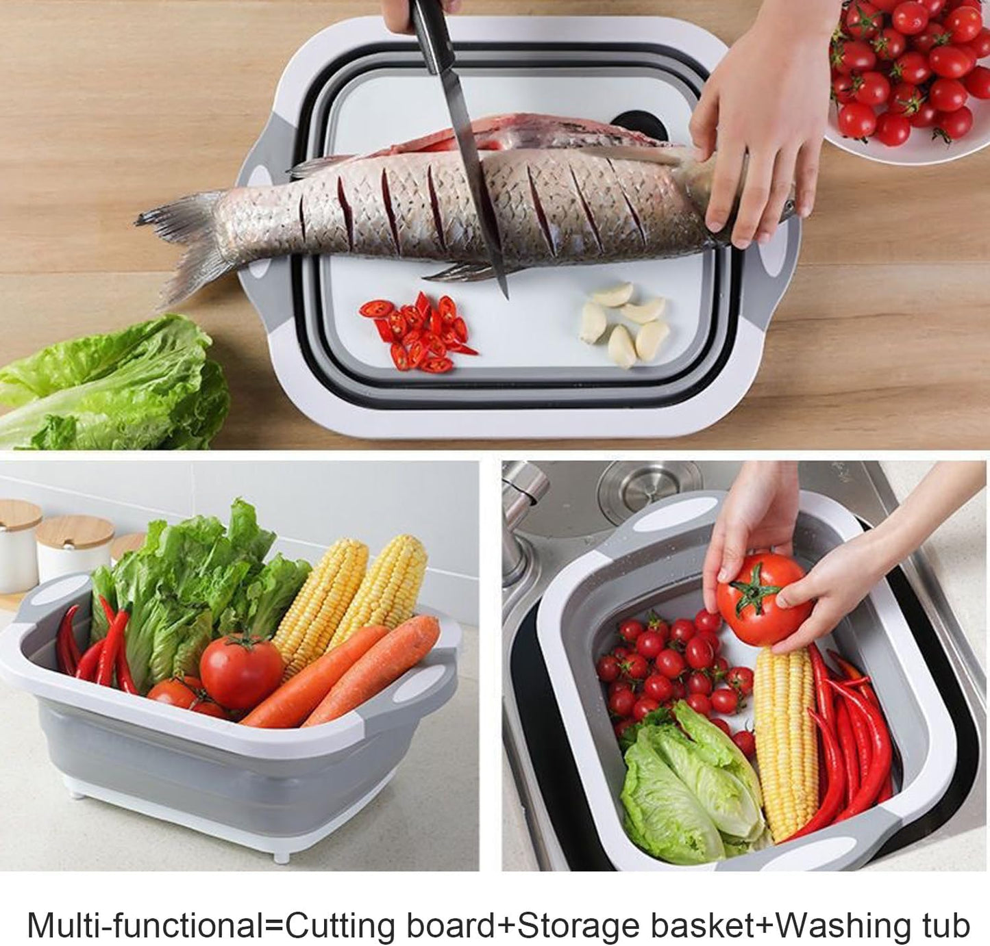 Camping Collapsible Cutting Board Dish Basin BBQ Prep Tub Camp Sink Dish Washing Station Multifunctional Storage Basket(Grey green)