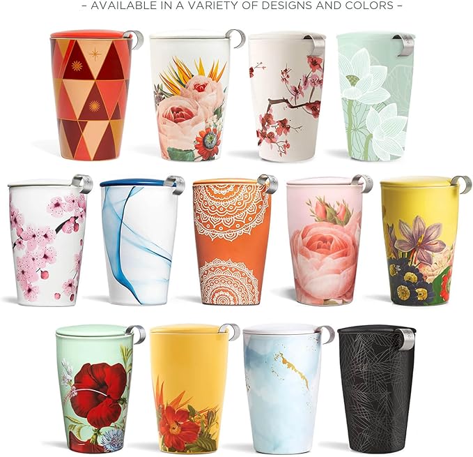 Tea Forte Double-Walled Ceramic Kati Cup, Removable Stainless Steel Infuser Basket and Lid, Steeps 12 oz Loose Leaf Tea, Dishwasher & Microwave Safe, Gifts for Mom, Chakra