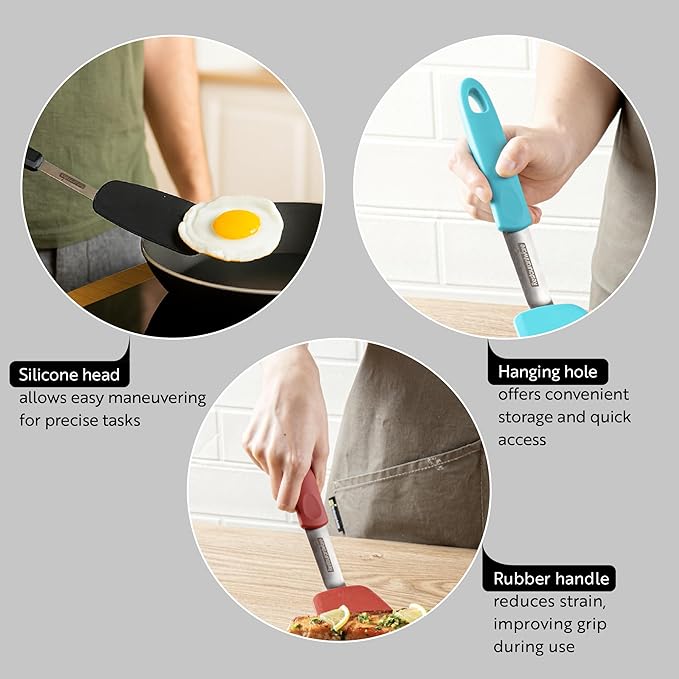 Restaurantware Comfy Grip Silicone Turner 1 Durable Cooking Turner - Stainless Steel Body Rubber Handle With Hole Turquoise Silicone Flipper Spatula Tolerates Up To 446F Dishwashable