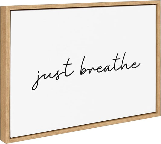 Kate and Laurel Sylvie Just Breathe Horizontal BW Framed Canvas Wall Art by The Creative Bunch Studio, 18x24 Natural, Self Care Art, Calming Wall Décor