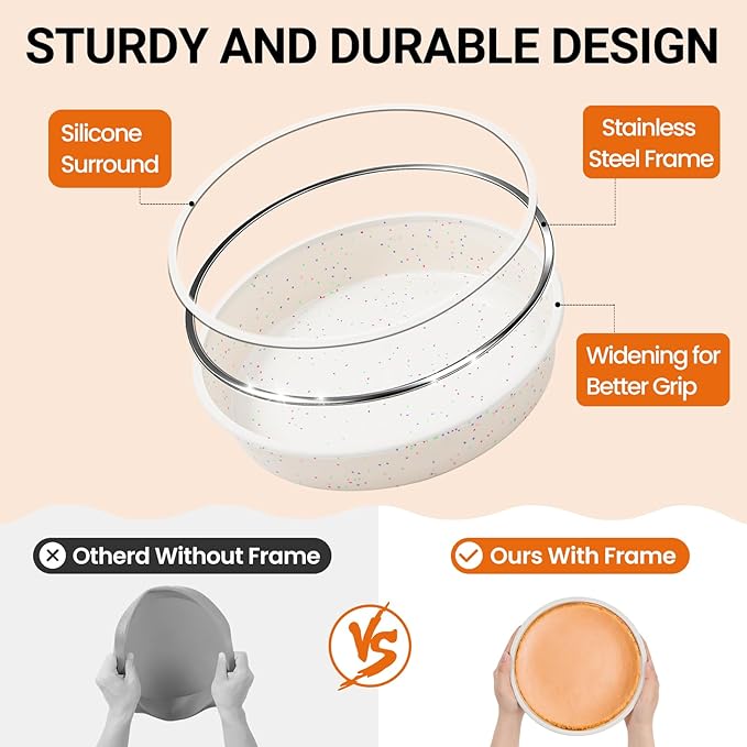 SJ 8 Inch Silicone Round Cake Pan with Metal Reinforced Frame 1Pack, Nonstick Silicone Cake Mold for Baking Suitable for Making Layers, Cheese & Chocolate Cakes