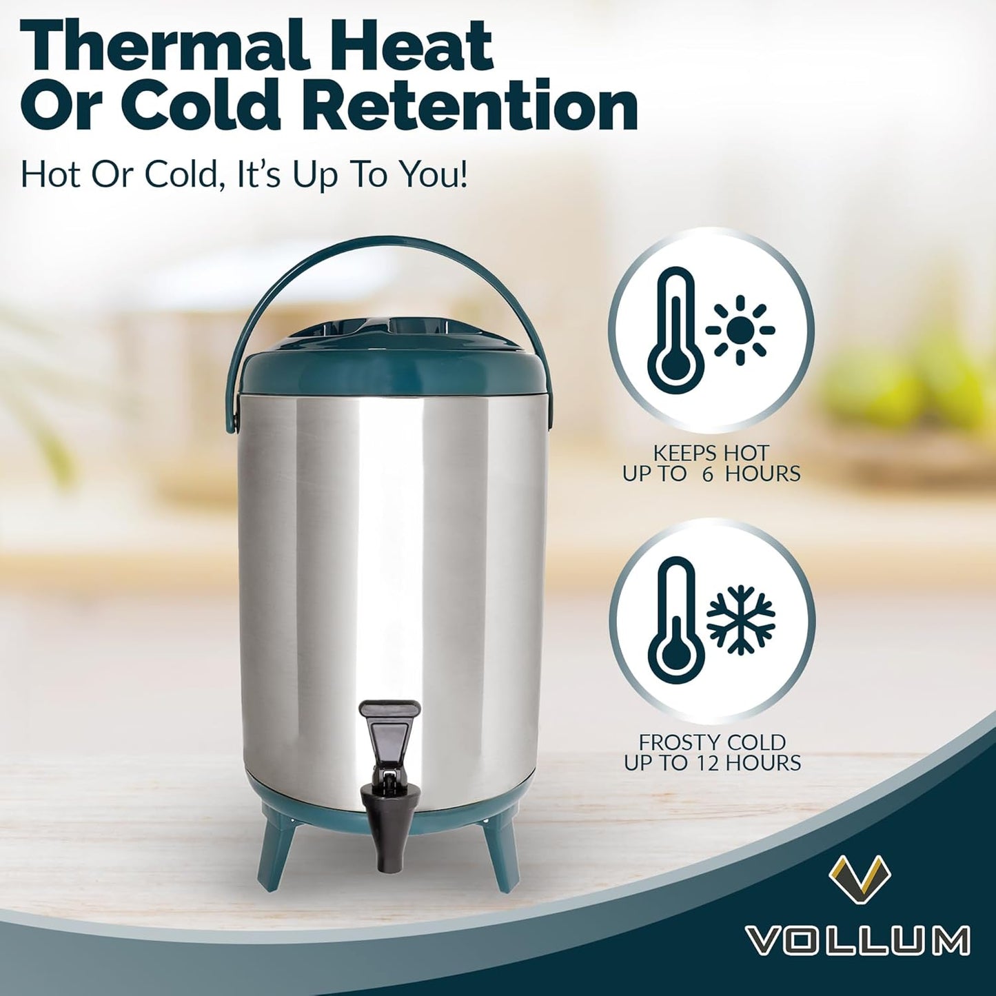 Stainless Steel Insulated Beverage Dispenser – Insulated Thermal Hot and Cold Coffee Carafe – 10 Liter Drink Dispenser with Spigot for Hot Water, Tea & Coffee, Cold Milk, Juice & More Teal