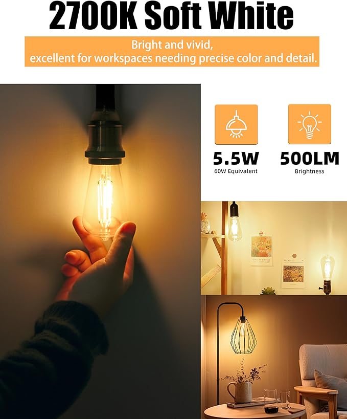 Lumiverse 36 Pack E26 led Bulb 60 watt dimmable Vintage LED Edison Bulbs 5.5W, 60W Equivalent, 2700K Soft White, Antique Style ST19/ST58 LED Light Filament Bulbs, CRI 90+, E26 Base