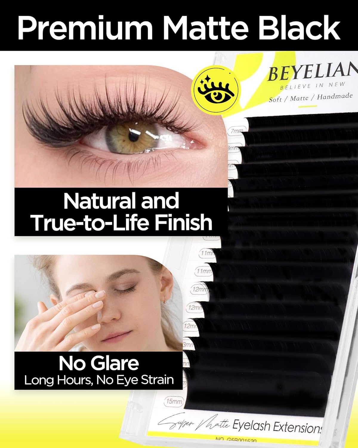 BEYELIAN Eyelash Extension 0.07 D+ Curl 7-15mm Mixed Tray Easy Fan Lash Extensions Volume Lashes Professional Use Natural Matte Black (0.07 D+ 7-15mm Mix)