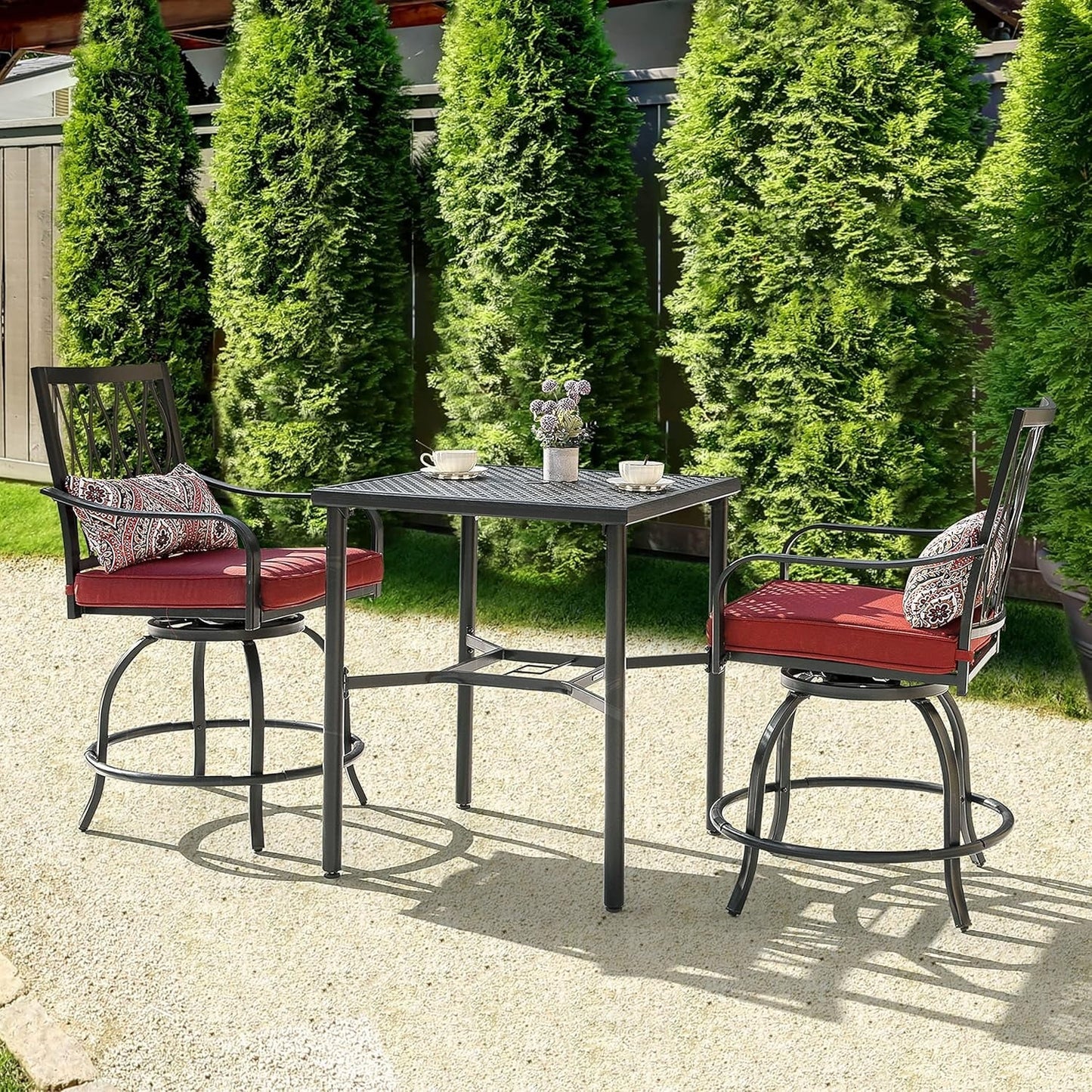 ETHFRF Patio Bar Table with Umbrella Hole, Steel Metal Frame Bar Height Bistro Table, Outdoor Bar Table for Garden, Backyard, Patio and Poolside, Black