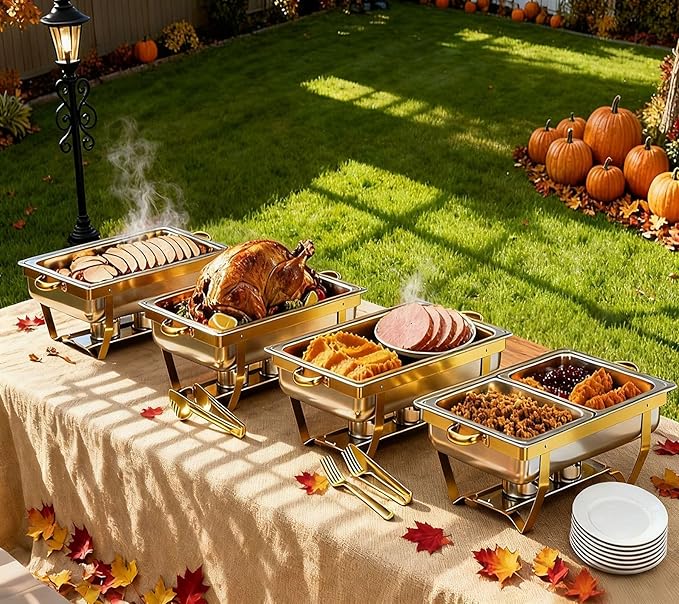 4 Pack Stainless Steel Chafing Dishes for Buffet, 9 QT Capacity 7 Pans Food Warmers for Parties, Weddings, Events Hosting, Family Gatherings, Full Set Catering Server with Serving Utensils Accessories
