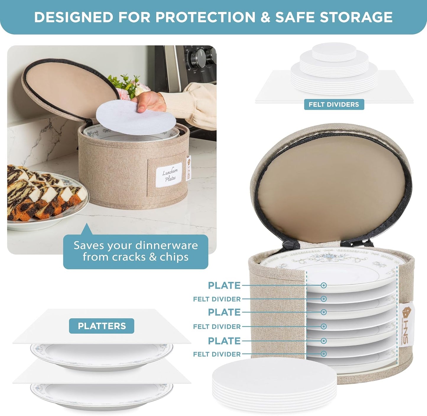 Hard Shell China Storage Containers 8-Piece Set Moving Boxes for Dinnerware, Glasses, Plates, Mugs and Saucers Sturdy Dish Organizer with Dividers for Seasonal Storage - Service for 12 - Brown