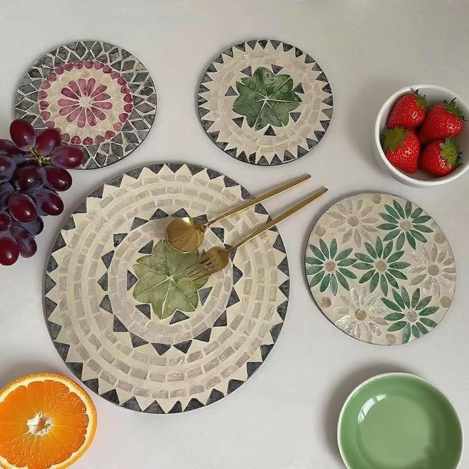 12 Inch Mother of Pearl Shell Placemat Plate – Large Round Decorative Heat for Table or Kitchen, Cabinet, Tabletop (Toothed Green Leaves, 12 Inch)