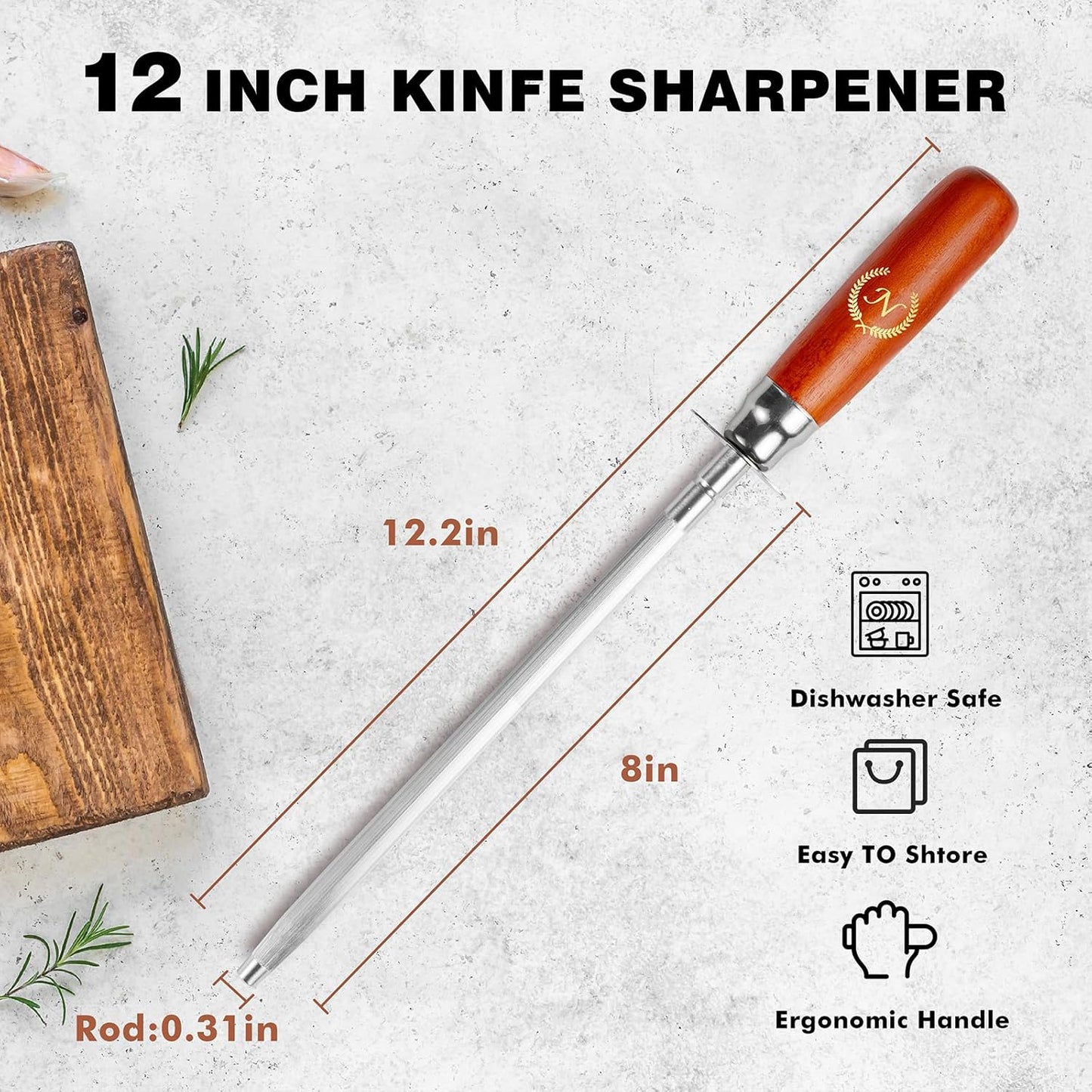 Knife Sharpener Rod, Kitchen Knives Sharpener Carbon Steel Professional Knife Sharpening Steel, Honing Rod with Hanging Holes (13 inches), N