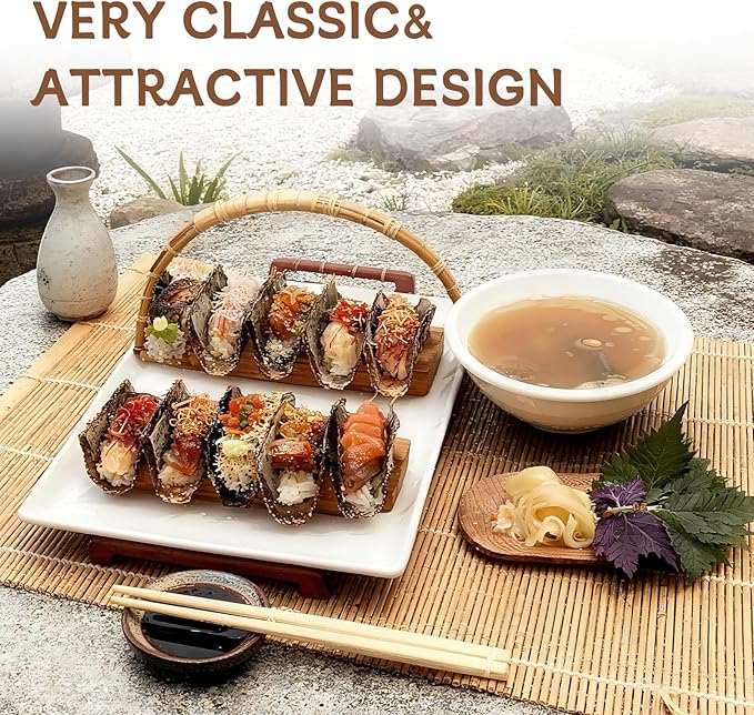 Wooden Taco Holder Stand for Sushi Hand Roll, Temaki & Sushi Roll – 1/2/3/5 Slot Sushi Display Tray, Natural Wood Serving Platter (10 pcs per Pack) (1 Slot (10 pcs))
