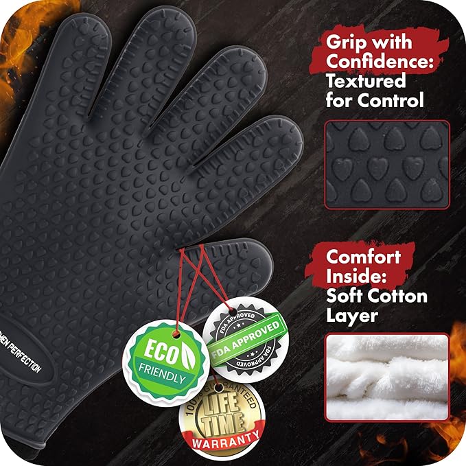 KITCHEN PERFECTION Silicone Smoker Oven Gloves -Extreme Heat Resistant BBQ Gloves -Handle Hot Food Right on Your Smoker Grill Fryer Pit|Waterproof Oven Mitts Grill Gloves |Superior Value Set+3 Bonuses