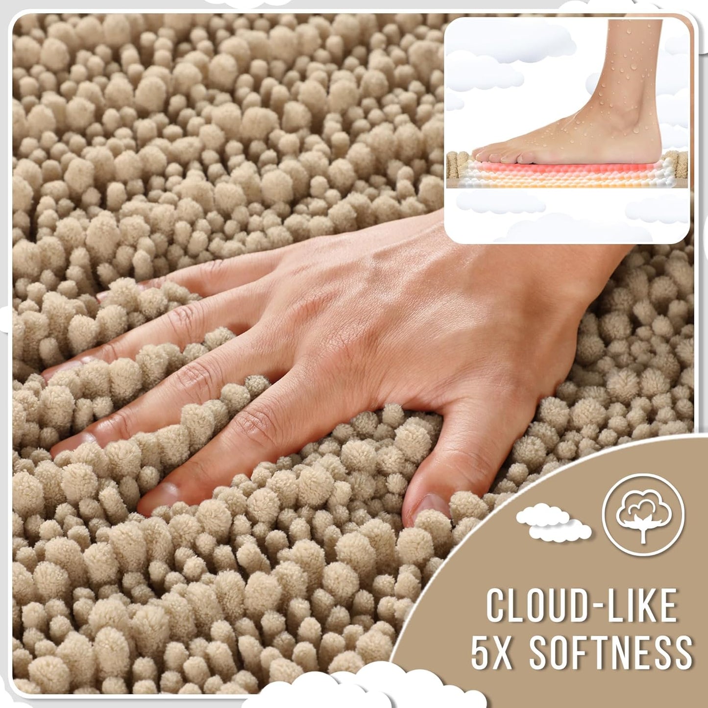 Yimobra Bathroom Rugs Non Slip Washable 24x17 Inch - Ultra Soft Absorbent Chenille Bath Mat, Quick Dry Shaggy Floor Carpet for Tub Shower, Pale Khaki Home Decor Accessories
