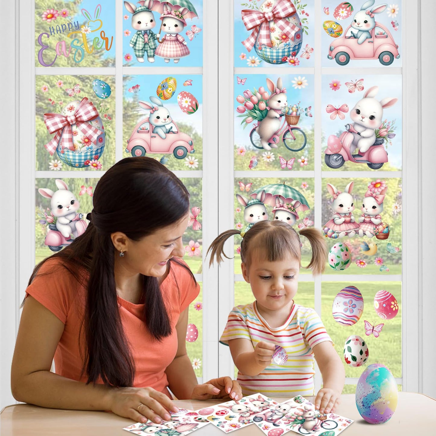 Easter Window Clings, 65 PCS Easter Stickers, Reusable Double-Sided Cute Large Bunny Egg Butterfly Lily Flowers Stickers for Home Office Glass Display Party Supplies, Party, Home, Office