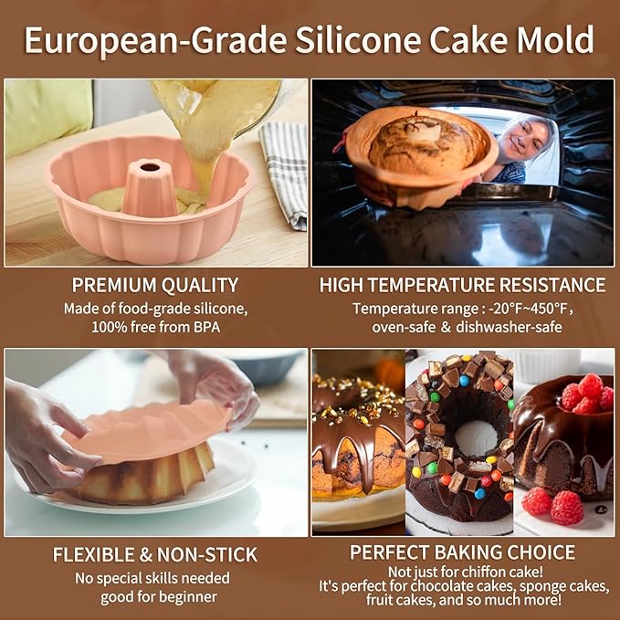 PADELE 2 Pack Silicone Cake Pan Nonstick,10 Inch, Silicone Cake Molds,Pound Cake Pan, Baking for Jello,Gelatin,Cake,Brownie and Bread (Grey+Grey)