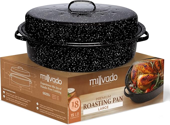 Millvado Roasting Pan With Lid, Turkey Roaster Pan, Extra Large 15 lb Capacity, 18" Granite Oven Roaster Oval Shaped Speckled Enamel on Steel Cookware