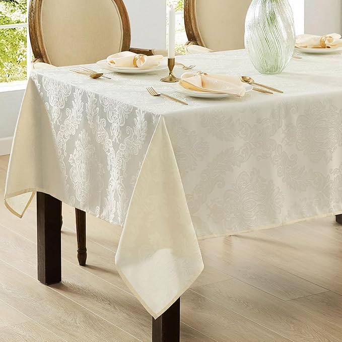 Newbridge Barcelona Luxury Damask Fabric Tablecloth, 70” Extra Wide x 144” Rectangle, Antique White, 100% Polyester, No Iron, Soil Resistant Dining Room, Party and Banquet Table Cover