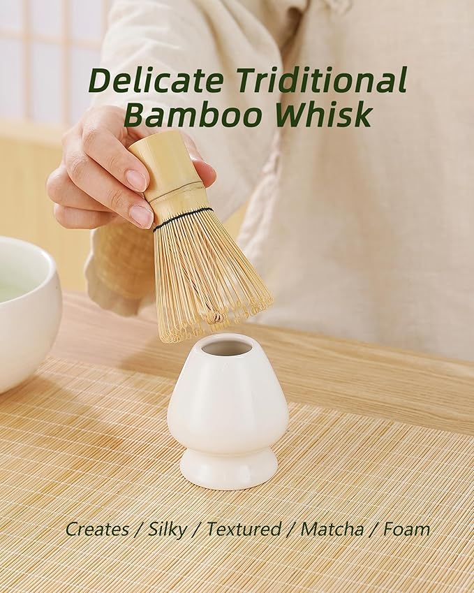 ZENS Matcha Whisk Set, 6pcs Matcha Kit Includes Ceramic Bowl, Handcrafted Bamboo Whisk and Chasen Holder, Scoop, 304 Sifter & Tea Mat，Matcha Set for Tea Ceremony,Latte Making, White