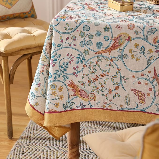 patdrea Designer Vintage French Rectangular Tablecloth,Floral Birds Pattern Linen Table Cloth,Fall Yellow Decor Table Cover for Kitchen Dining Banquet,Christmas,Thanksgiving,55"x79"-Magnolia